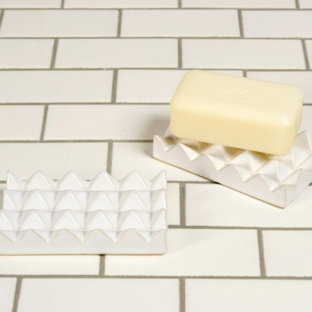 Ceramic Soap Dish - Raised Pyramid, Rectangle - Matte White