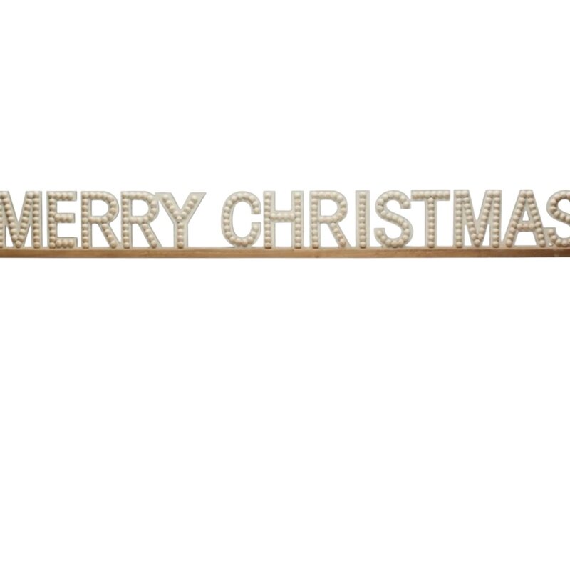 54"L x 6"H Fir Wood Hobnail Mantel Sign "Merry Christmas", White & Natural
