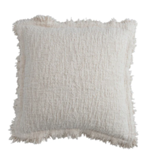 20" Square Woven Cotton Bouclé Pillow with Fringe & Flanged Edge
