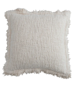 20" Square Woven Cotton Bouclé Pillow with Fringe & Flanged Edge