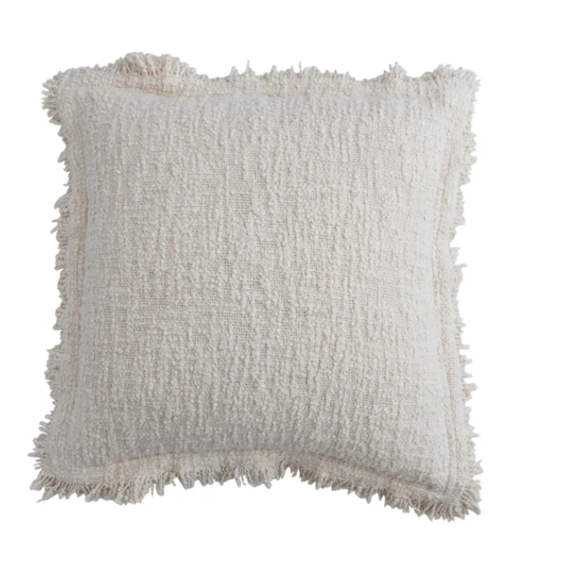 20" Square Woven Cotton Bouclé Pillow with Fringe & Flanged Edge
