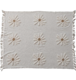 Cotton Slub Throw with Tufted Flowers & Fringe, Natural & Tan Color