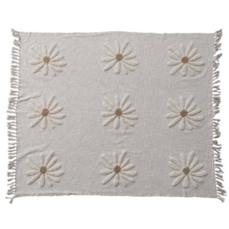 Cotton Slub Throw with Tufted Flowers & Fringe, Natural & Tan Color