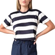 Emerson Fry ESSENTIAL SHORT SLEEVE CREW WIDE NAVY STRIPE