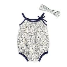 Viverano Gia Floral Muslin Baby Romper + Headband Navy Ditsy Floral