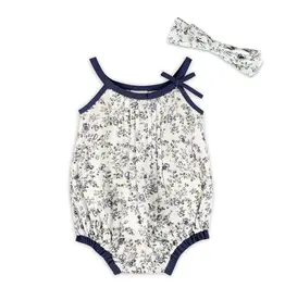 Viverano Gia Floral Muslin Baby Romper + Headband Navy Ditsy Floral