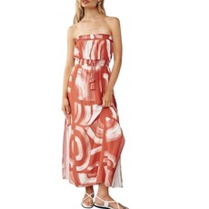 STRAPLESS ELASTIC WAIST MIDI DRESS ABSTRACT ART