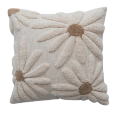 18" Square Cotton Slub Pillow with Tufted Flowers