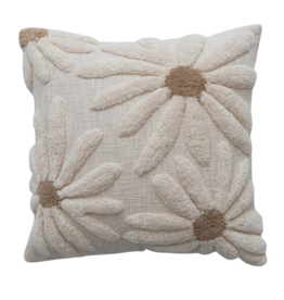 18" Square Cotton Slub Pillow with Tufted Flowers
