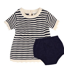 Viverano Pointelle & Navy Stripe Knit Tunic Dress & Bloomer Set
