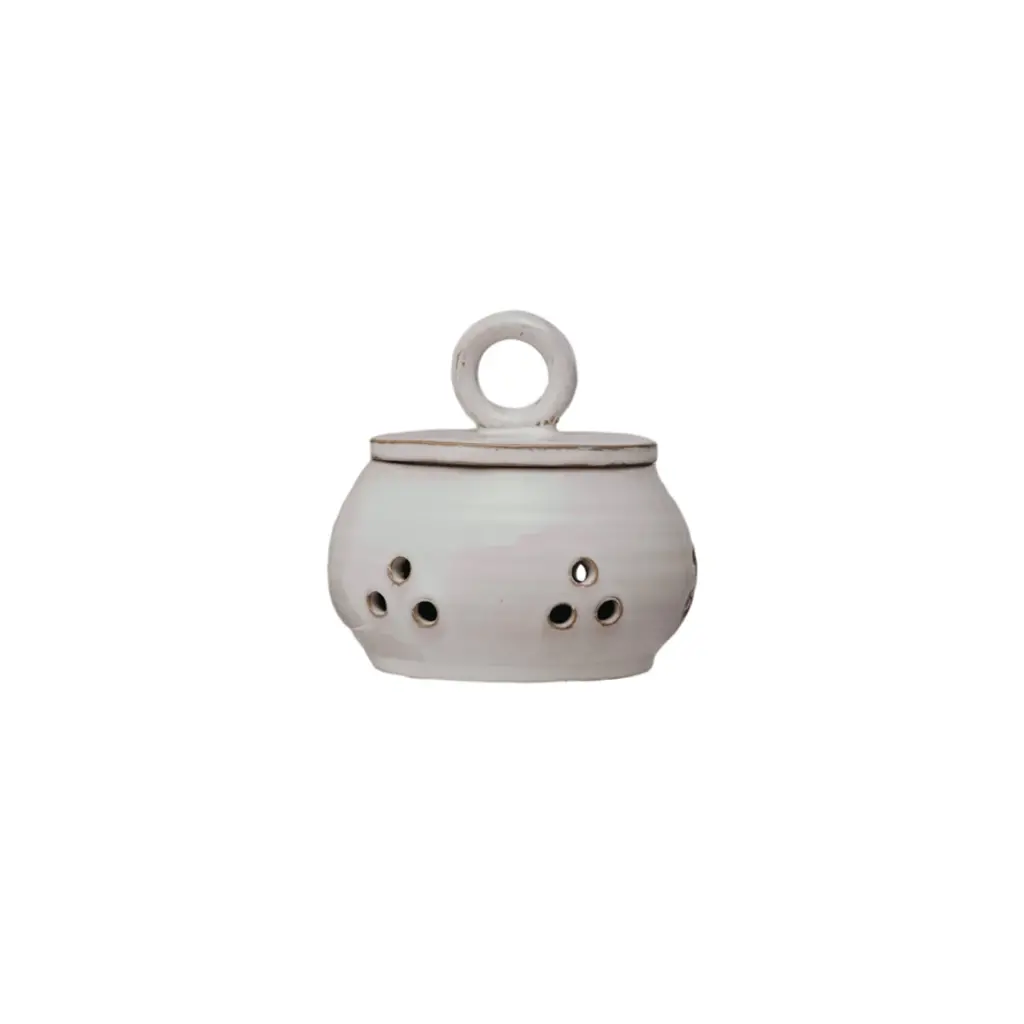 Stoneware Garlic/Onion Keeper w/ Mango Wood Lid, Cream Color & Natural
