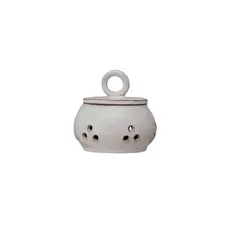 Stoneware Garlic/Onion Keeper w/ Mango Wood Lid, Cream Color & Natural