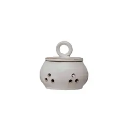 Stoneware Garlic/Onion Keeper w/ Mango Wood Lid, Cream Color & Natural