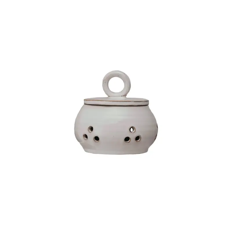 Stoneware Garlic/Onion Keeper w/ Mango Wood Lid, Cream Color & Natural