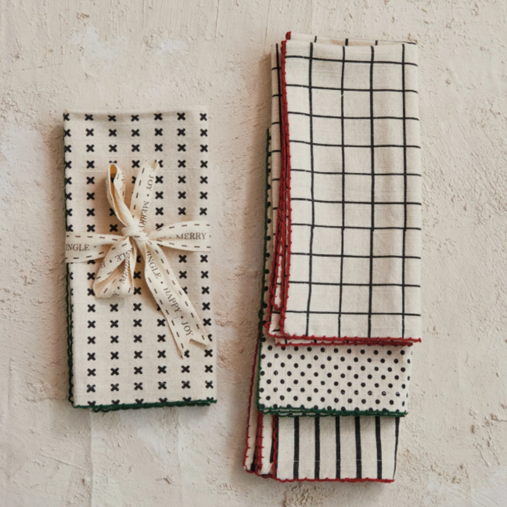 S/4 18" Sq Cotton Printed Napkins w Stitched Edge