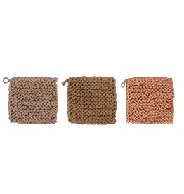 8" Square Jute Crocheted Pot Holder, 3 Colors