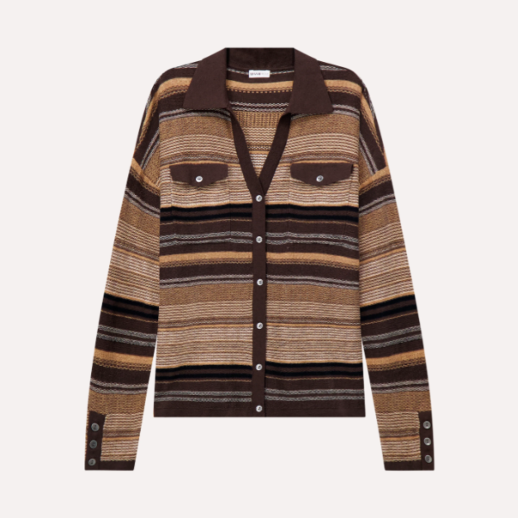 COTTON CASHMERE NOVELTY STRIPE BOXY CAMP SHIRT BRAZILIAN NUT COMBO