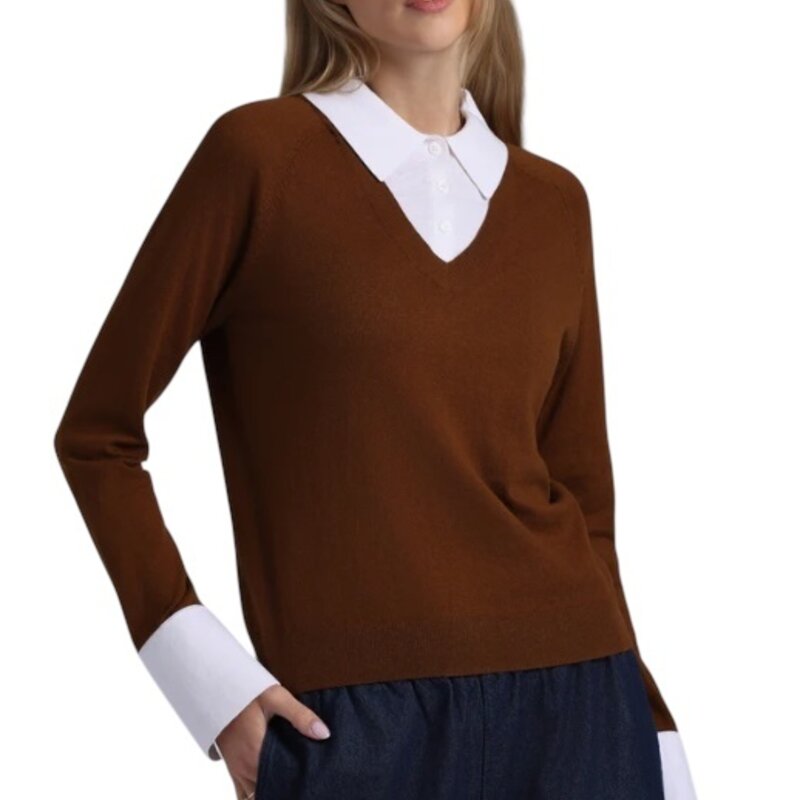 Cotton Cashmere Layered Polo Top Foxtail/White