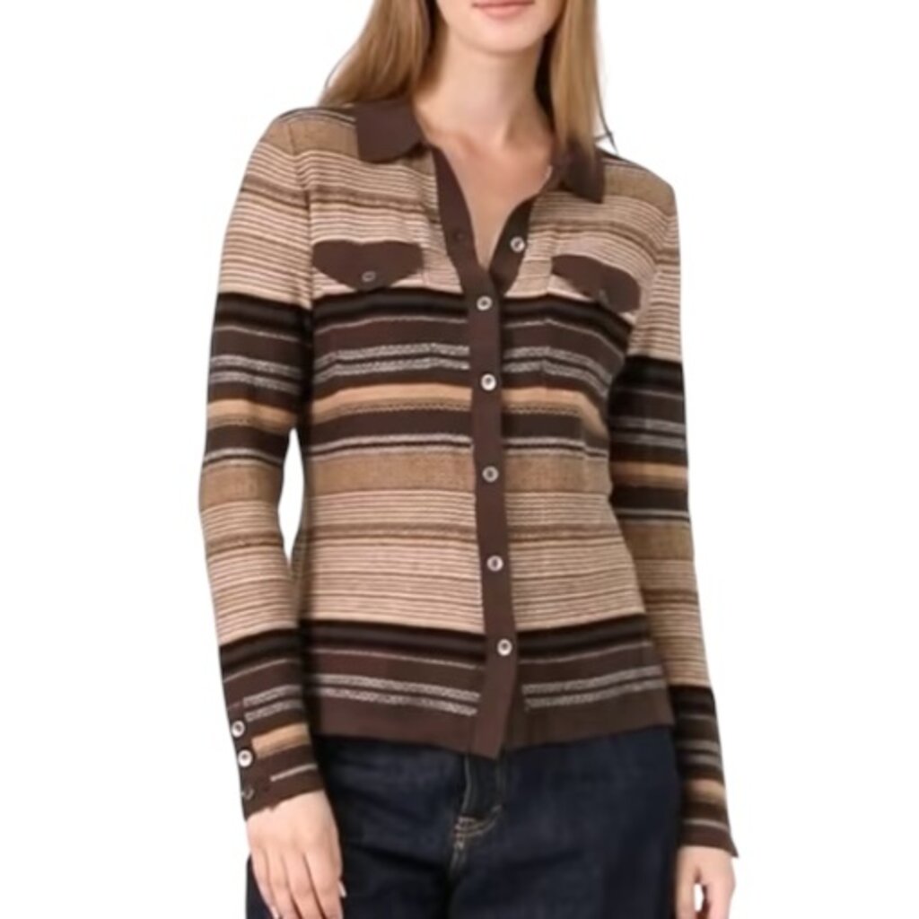 COTTON CASHMERE NOVELTY STRIPE BOXY CAMP SHIRT BRAZILIAN NUT COMBO