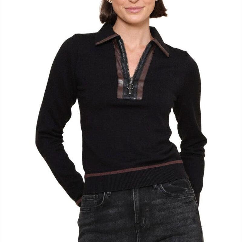 CENTRAL PARK WEST NAOMI VEGAN ZIP COMBO SWEATER BLACK