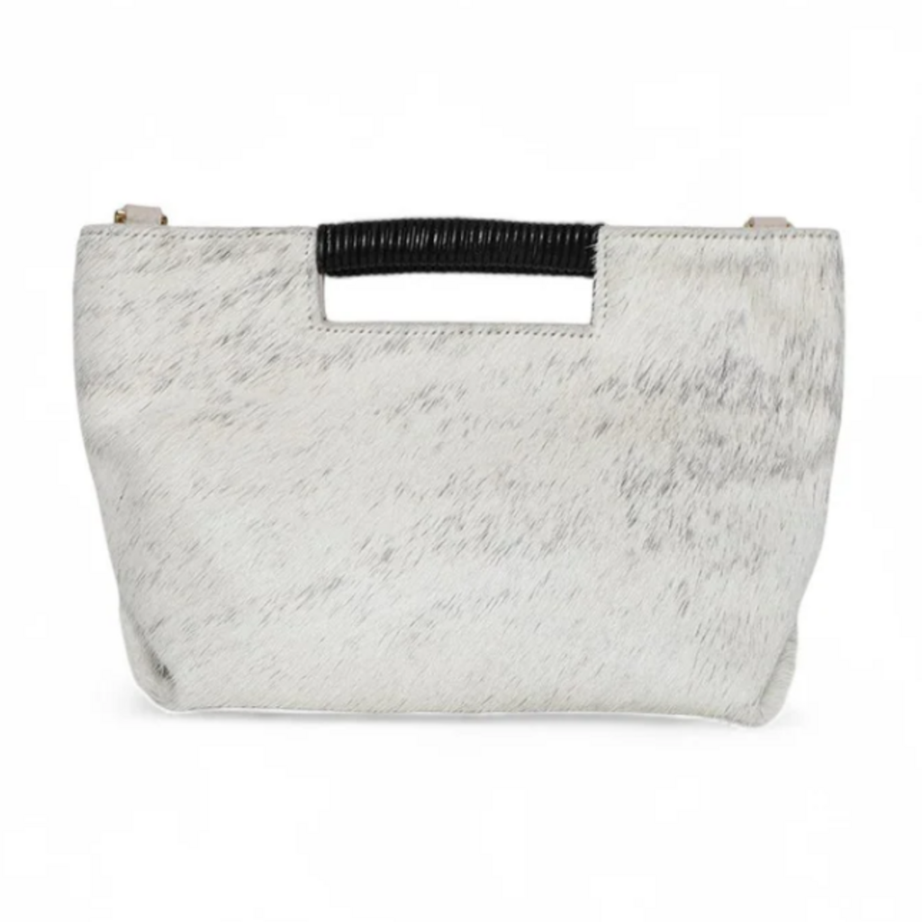 OLIVEVE MINI ELLA Top Handle Crossbody in Grey Brindle Natural Haircow with Natural Wrap