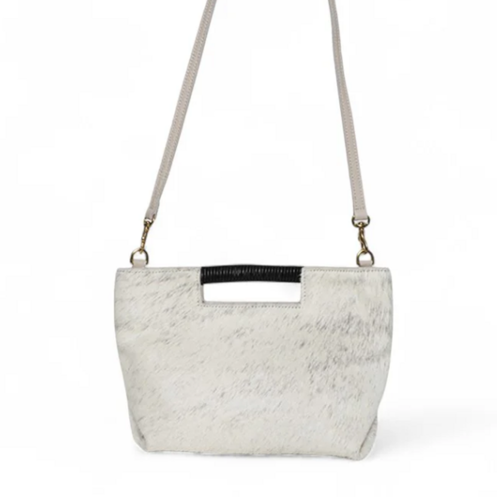 OLIVEVE MINI ELLA Top Handle Crossbody in Grey Brindle Natural Haircow with Natural Wrap
