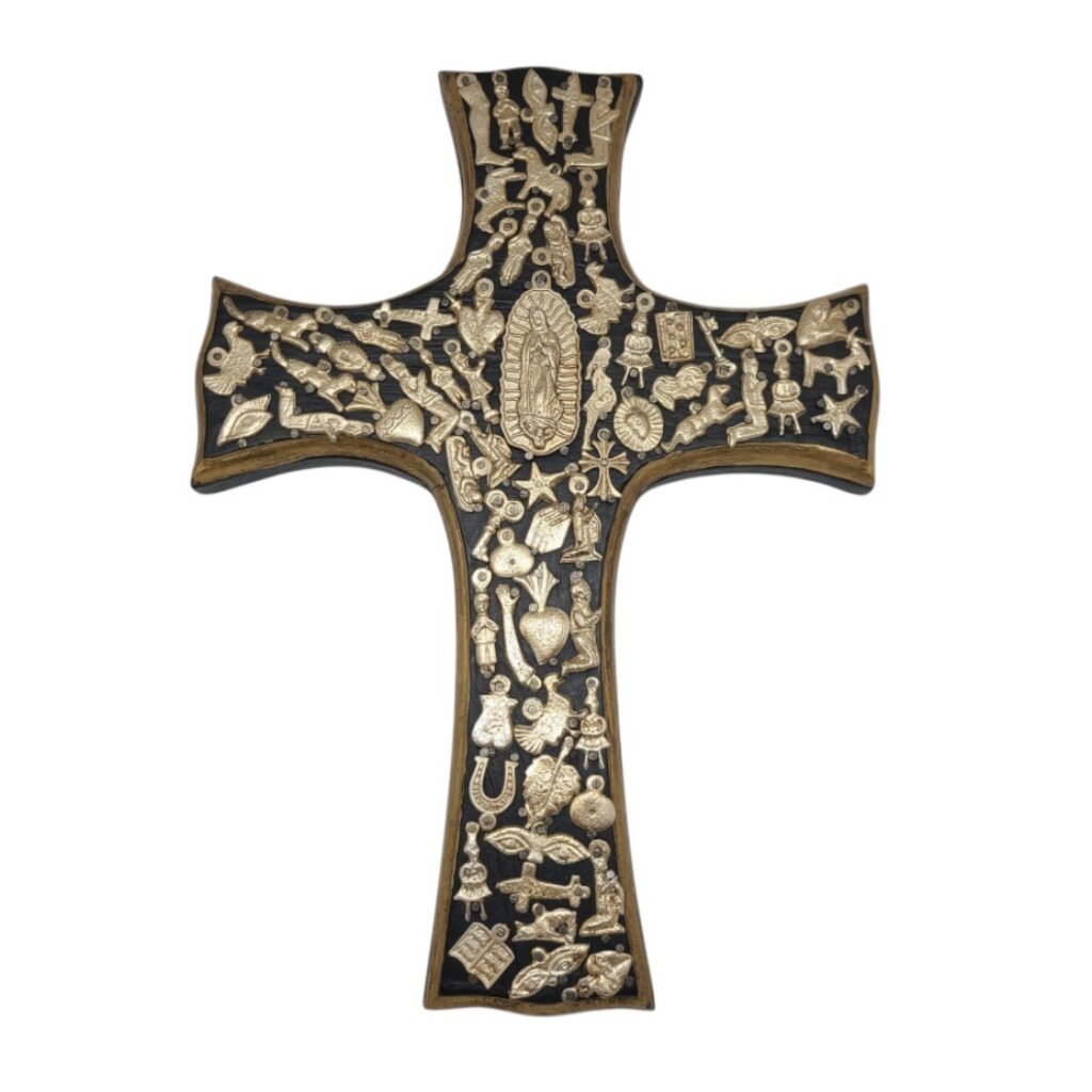 CONTRERAS DESIGNS Black & Gold Wall Cross w/ Milagros MXAL-C4