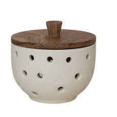 Stoneware Garlic/Onion Keeper w/ Mango Wood Lid, Cream Color & Natural