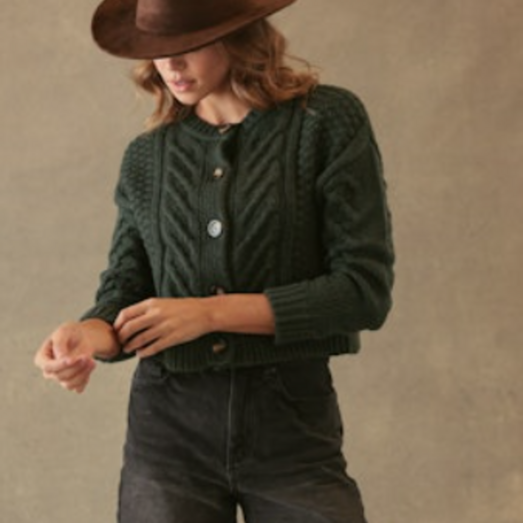 27 MILES MALIA CHUNKY CABLE CREW NECK  CARDIGAN FOREST