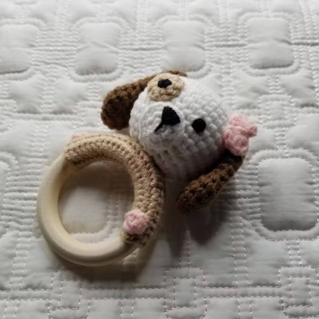 D & C TOYS Pink Bow Dog Hand Crochet Rattle