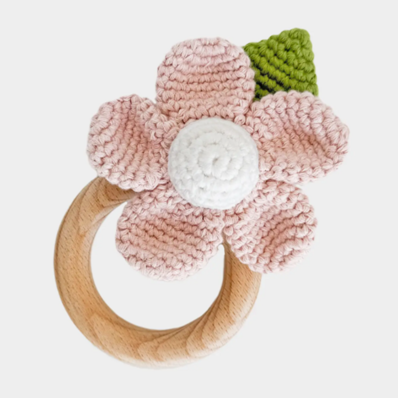 The Blueberry Hill Teether Flower Pink Cotton Crochet Rattle Baby Toy Spring