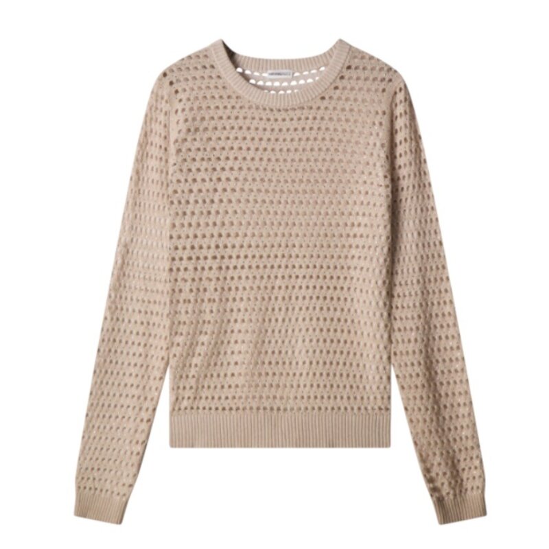 COTTON CASHMERE PLAITED MESH STUDED CREW BROWN SUGAR/WHITE