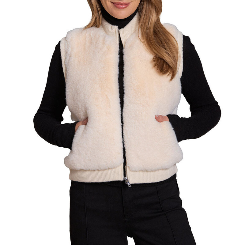 100% Merino Fairbanks Faux Fur Zip Vest Chalk
