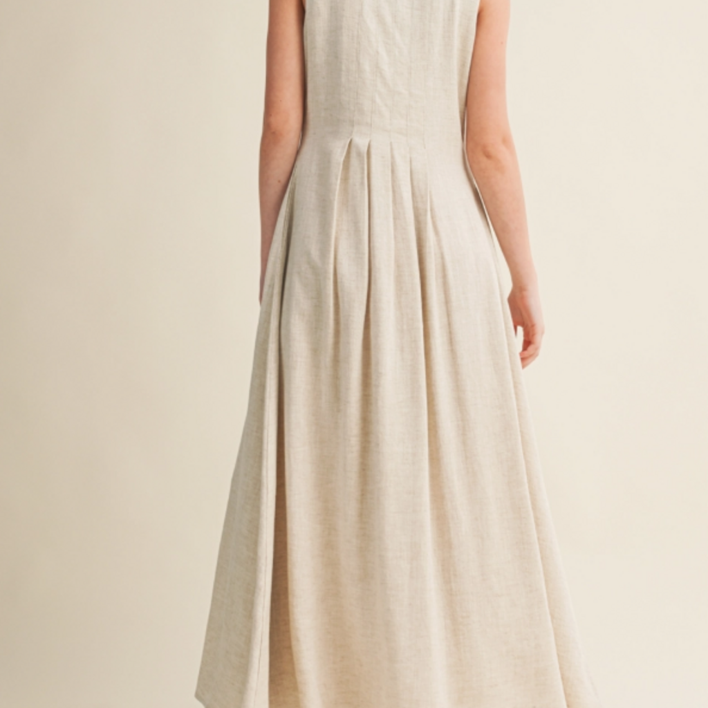 Miou Muse PLEATED DETAIL BUTTON FRONT LINEN DRESS OATMEAL