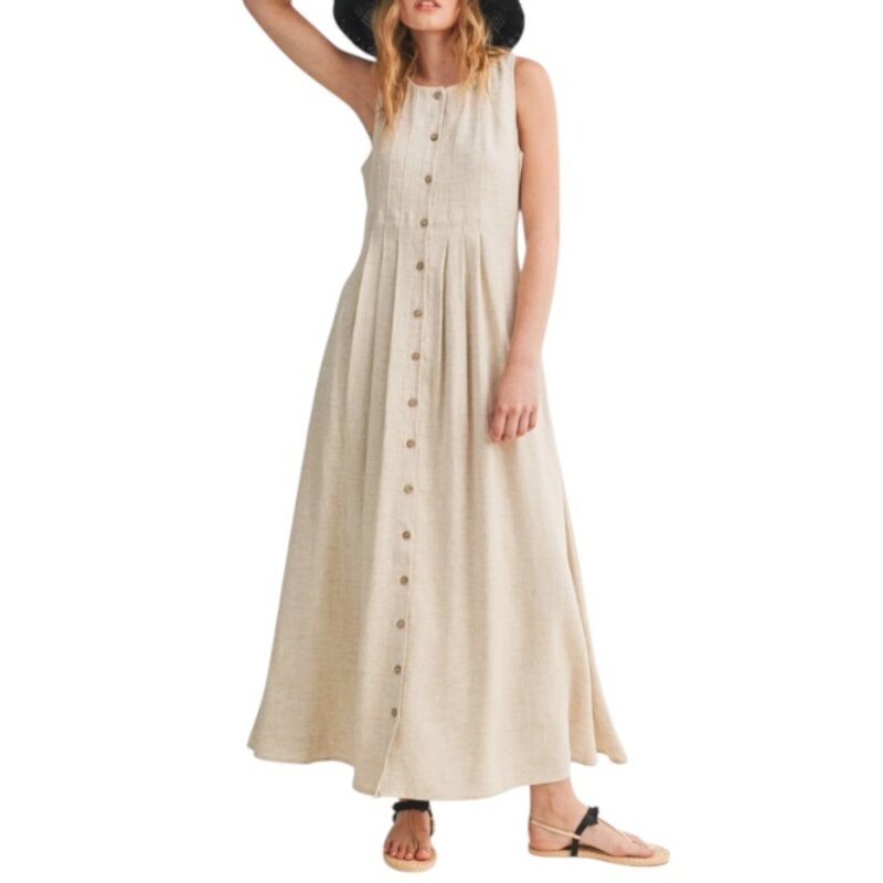 Miou Muse PLEATED DETAIL BUTTON FRONT LINEN DRESS OATMEAL