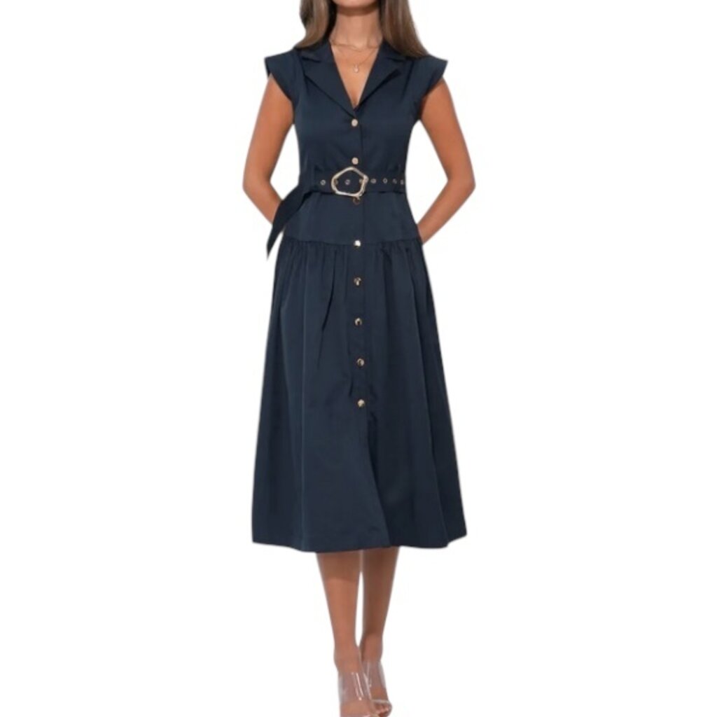 ADELYN RAE OLIVIA BUTTON UP BELTED SHIRT DRESS DARK NAVY