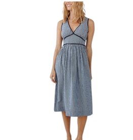 FIT & FLARE V-NECK MIDI DRESS NAVY MICRO GINGHAM