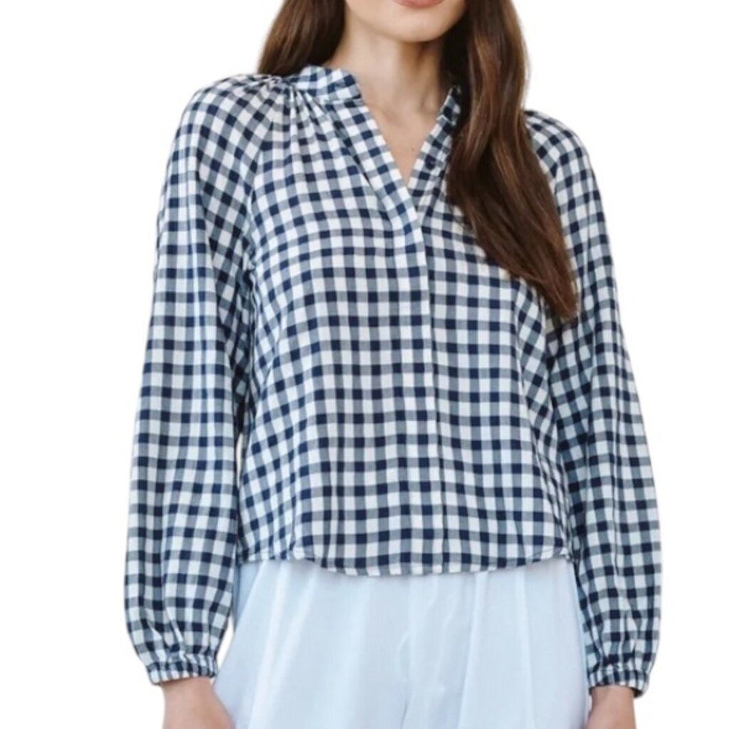 LONG SLEEVE SHIRRED RAGLAN SHIRT NAVY GINGHAM
