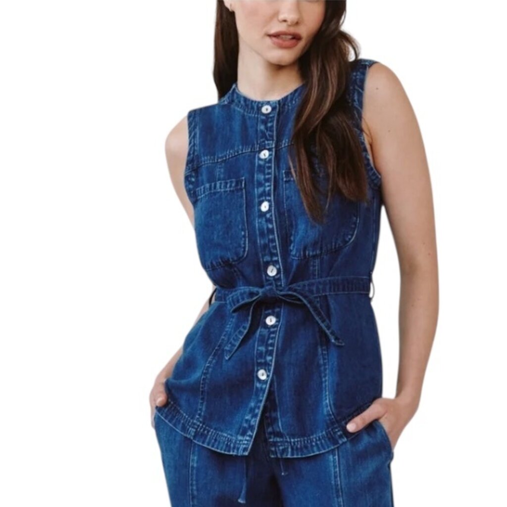 SEAMED BELTED VEST HORIZON BLUE WASH