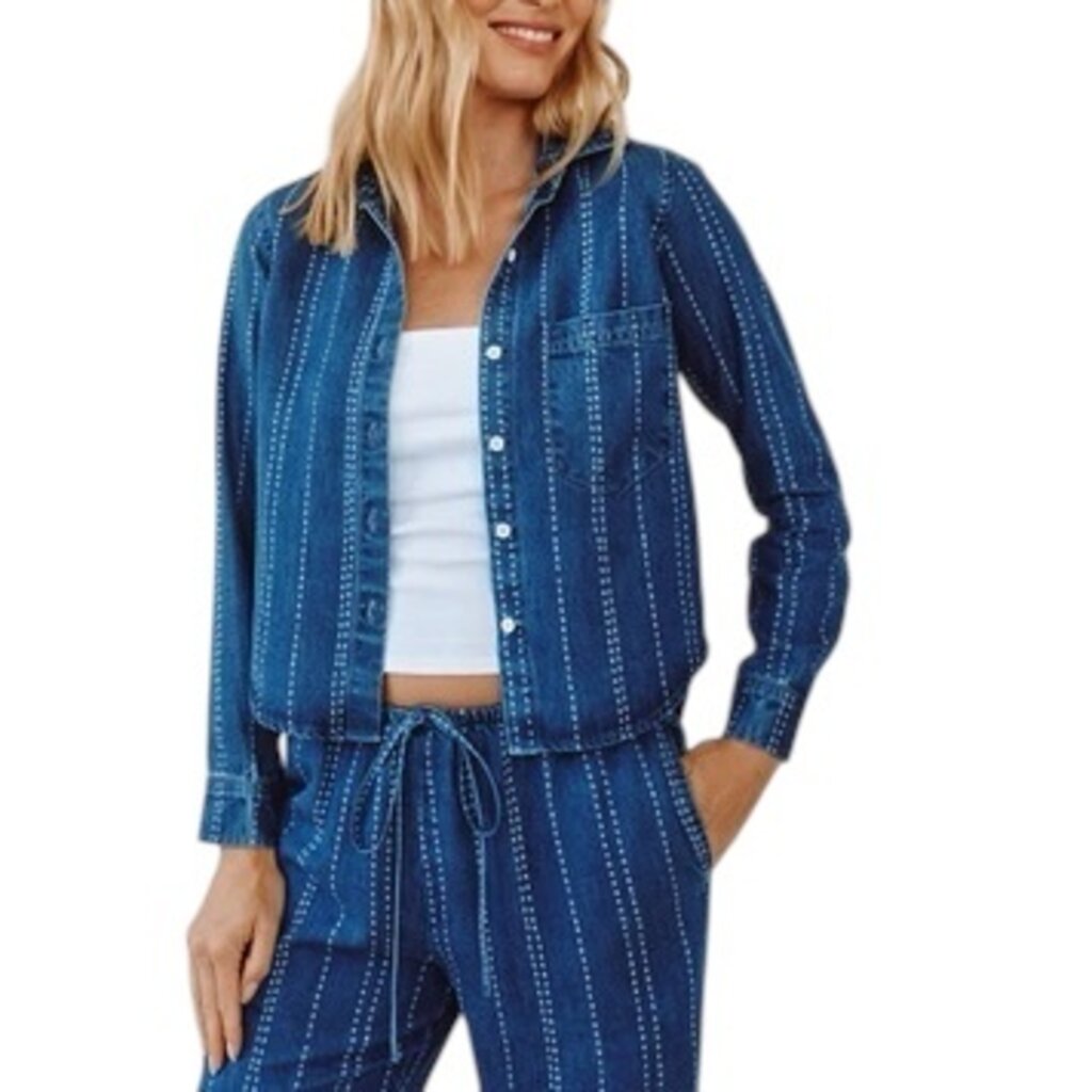 LONG SLEEVE CROPPED SHIRT-INDIGO STRIPE