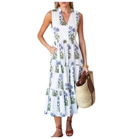 Emerson Fry Indi Tier Dress - Blue Clematis Flowers Organic