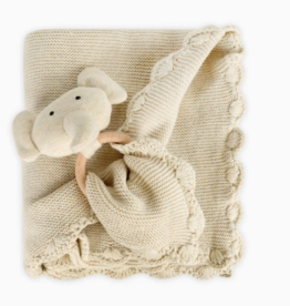 Viverano Scallop Edge Classic Knit Baby Blanket + Elephant Rattle Gift Set Natural Heather