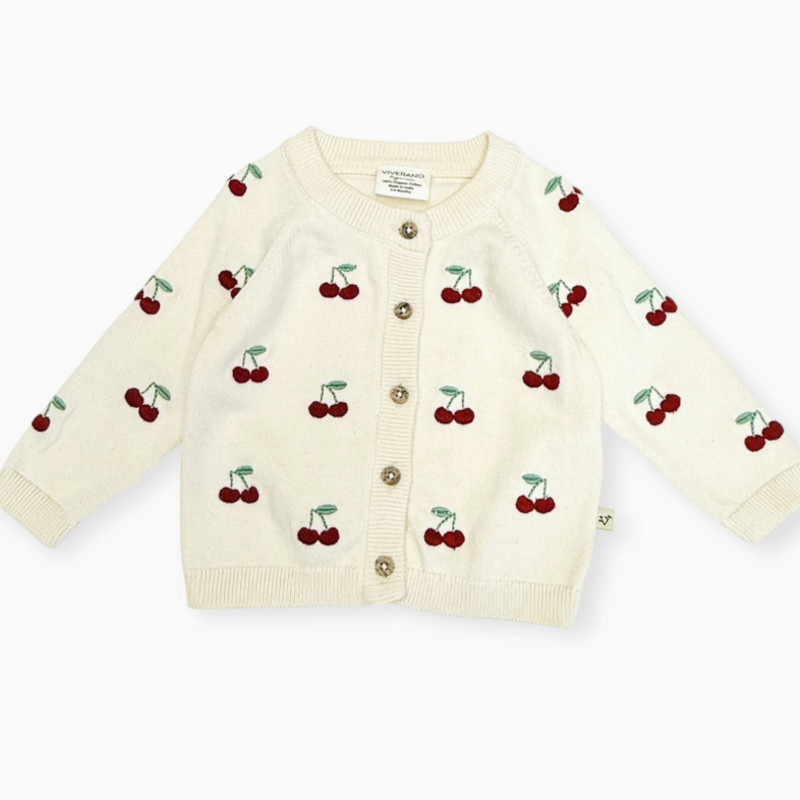 Viverano Cherry Embroidered Sweater Knit Baby Cardigan Sweet Cream
