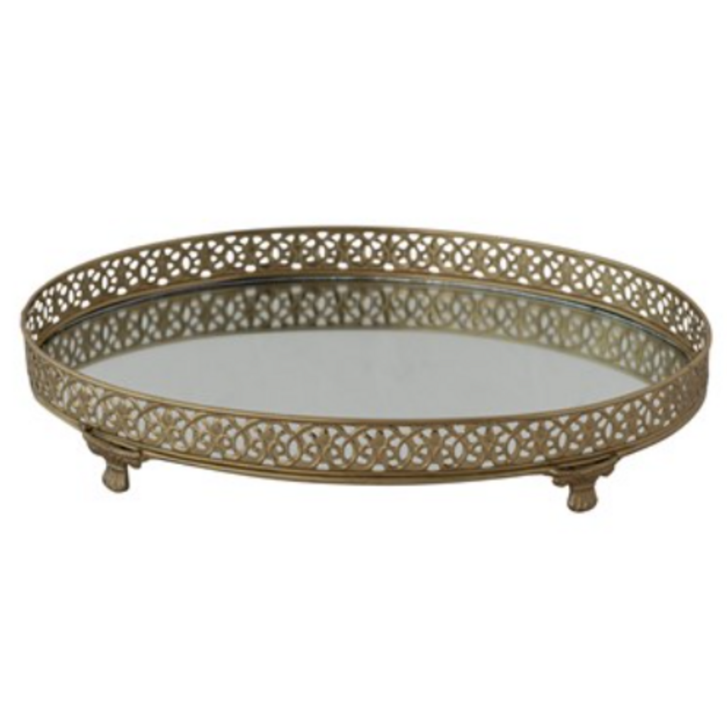 Oval Metal Filigree Footed Tray w Mirror, Gold Finish