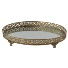Oval Metal Filigree Footed Tray w Mirror, Gold Finish