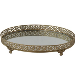 Oval Metal Filigree Footed Tray w Mirror, Gold Finish