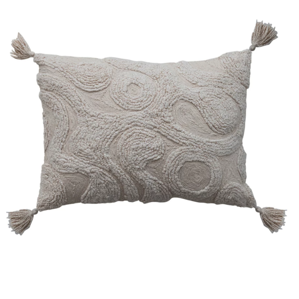 Cotton Tufted Lumbar Pillow w Wave Design & Tassels, Cream Color
