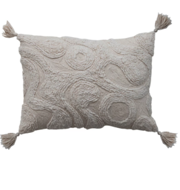 Cotton Tufted Lumbar Pillow w Wave Design & Tassels, Cream Color