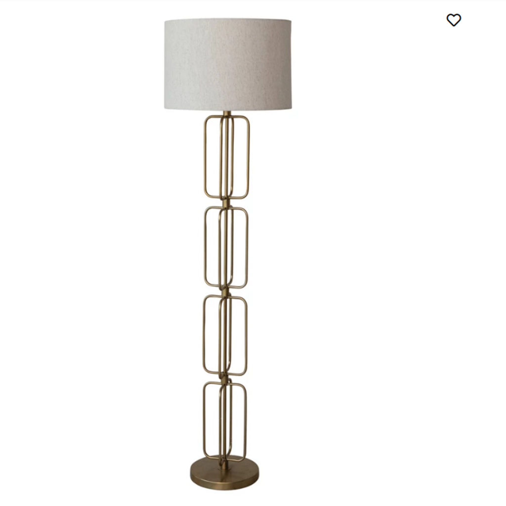 Metal Wire Floor Lamp w Cotton Shade & Inline Switch, Gold Finish
