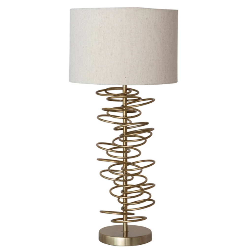 Metal Wire Circles Table Lamp w Linen & Cotton Shade, Gold Finish